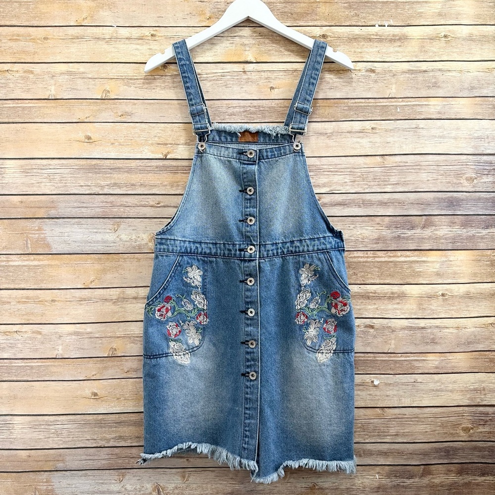 POL Dress Women’s Size Large Denim Overall Embroidered Floral Asymmetrical